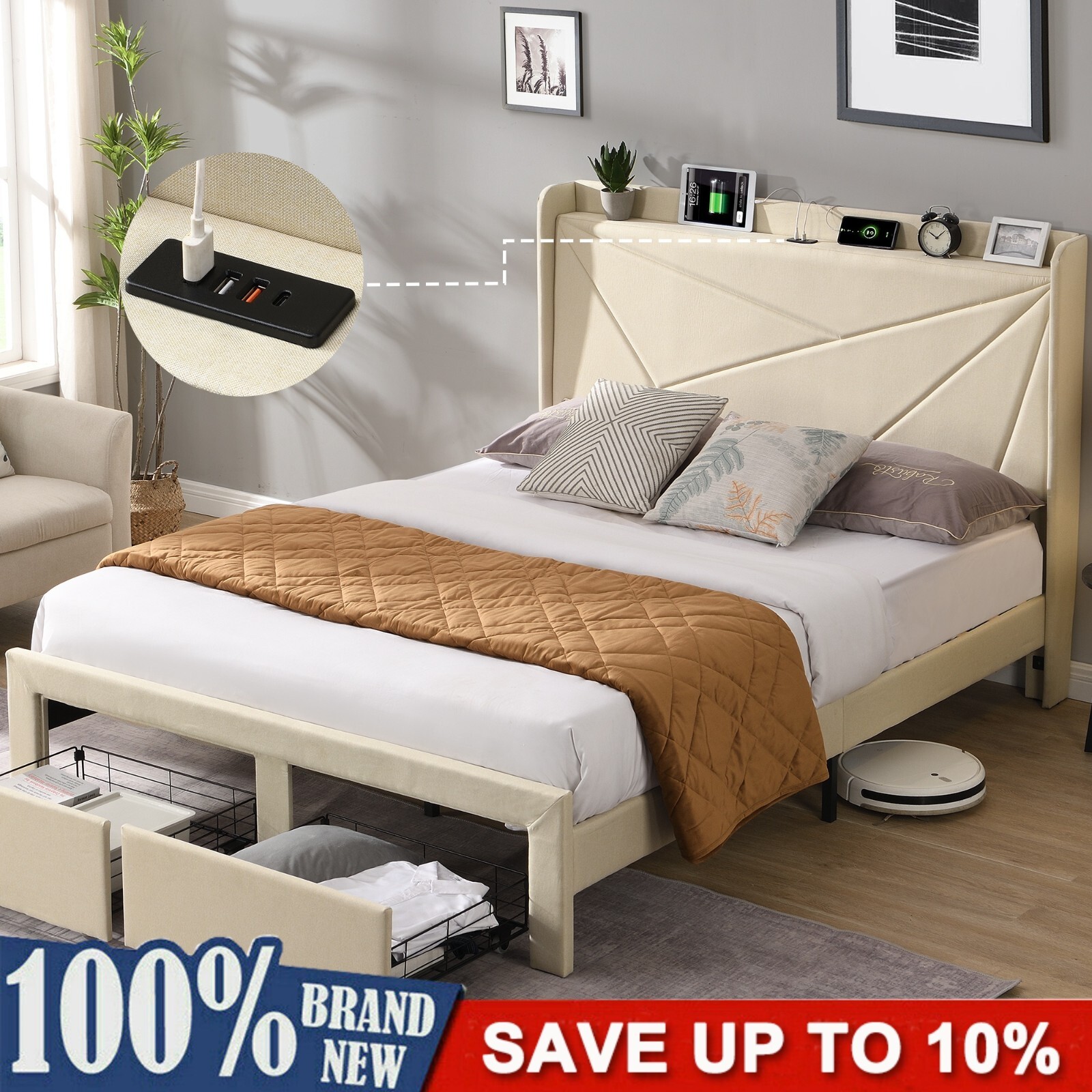 With Charging Station With Headboard Storage Linen