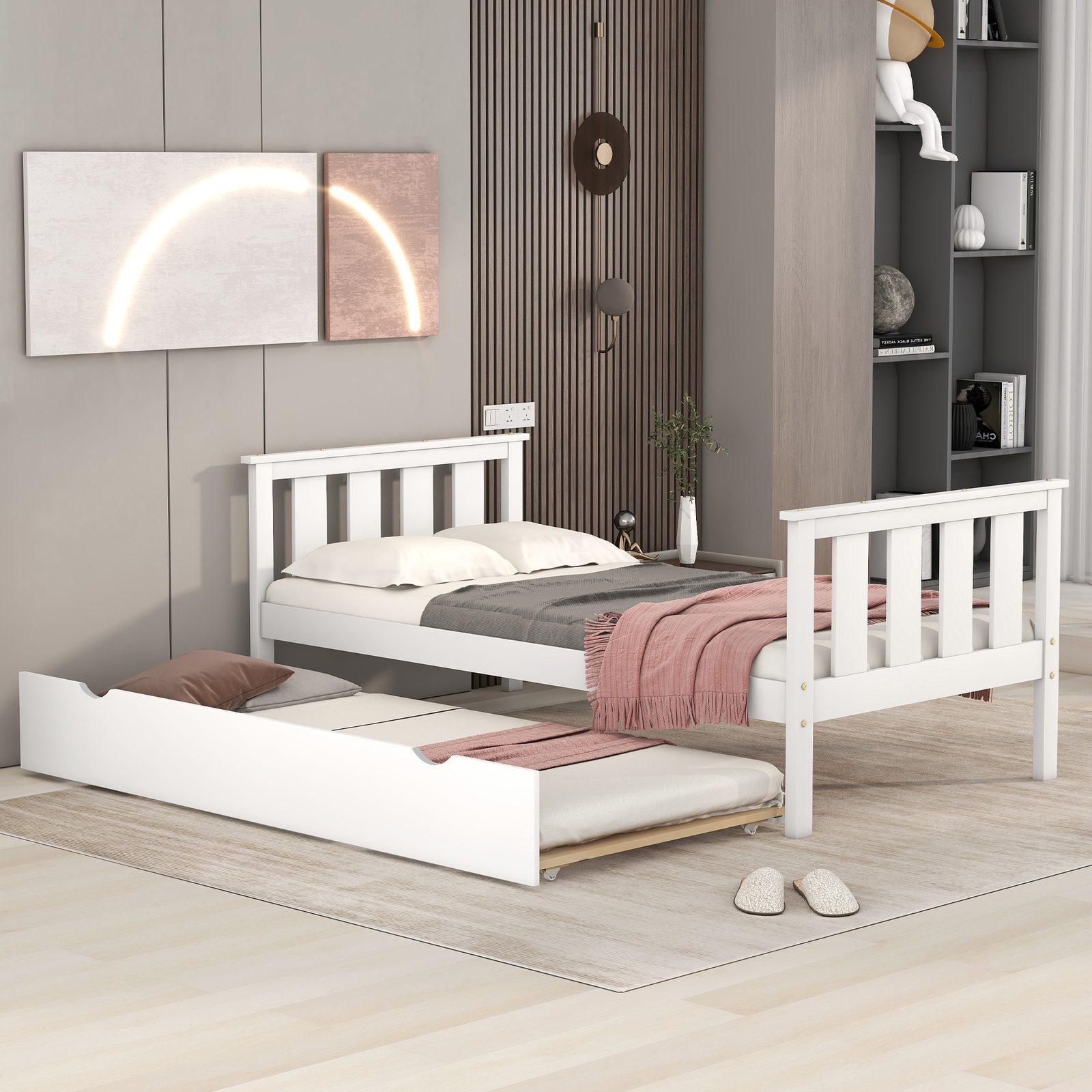 Wood Twin Platform Bed With Pull Out Trundle Wooden Indoor