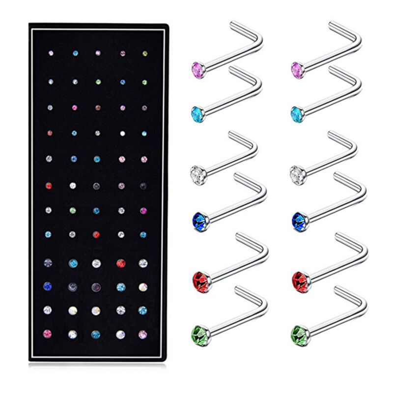 60pcs L Shaped Stud Nose Rings Bone Stud Stainless Steel Color Pin Piercing Body