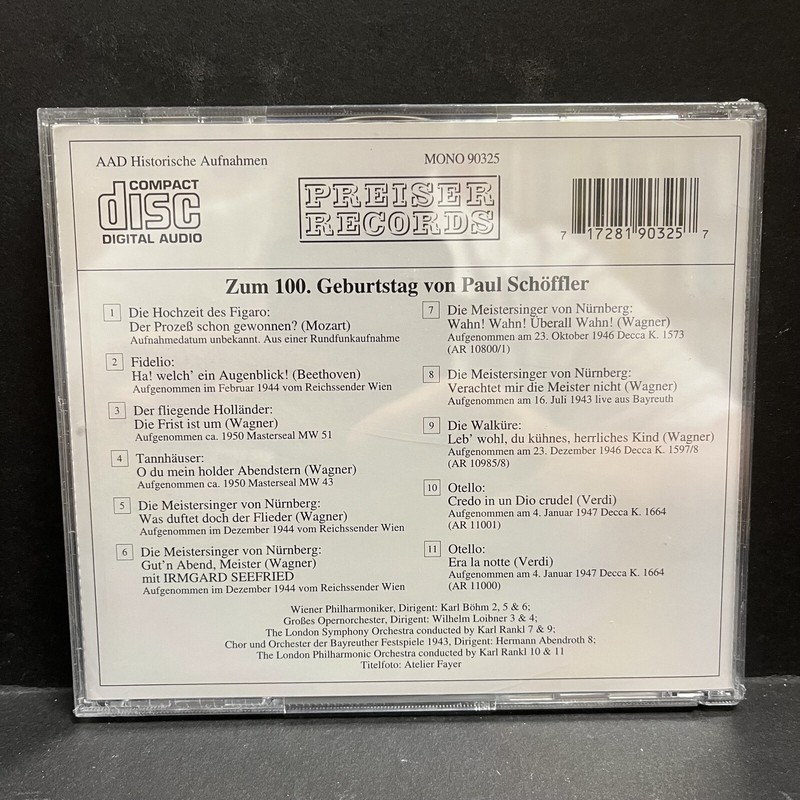 PAUL SCH&Ouml;FFLER Zum 100. Geburtstag NEW SEALED CD Classical Vocal PREISER RECORDS