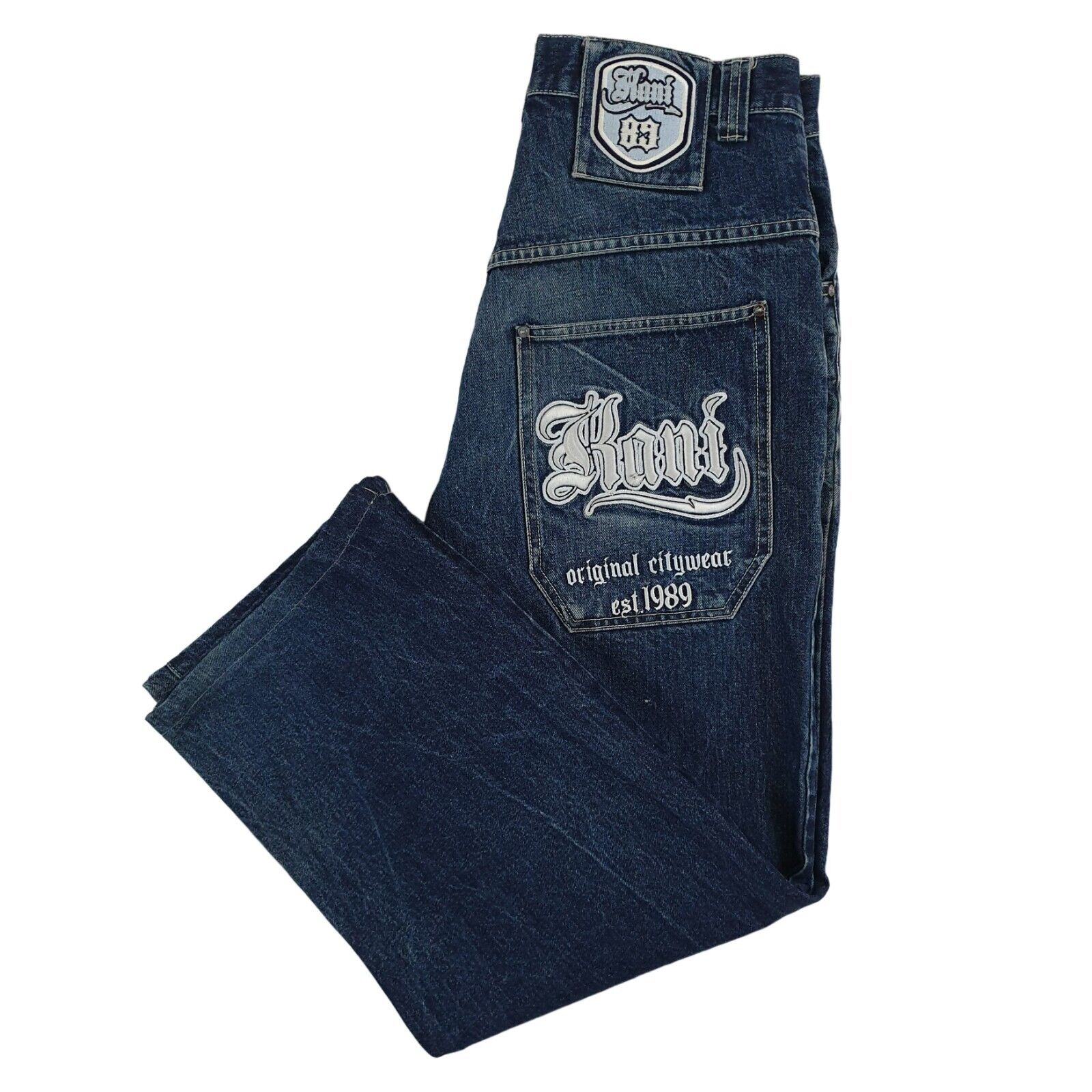 Vintage Karl Kani 89 Embroidered Blue Hip Hop Wide Leg Baggy Vintage Karl Kani 89 Embroidered Blue Hip Hop Wide Leg Baggy