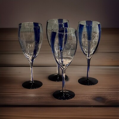Pier 1 Imports Vertical Blue Stripe Blown Wine Glasses Goblets 8 1/4'' Set Of 4