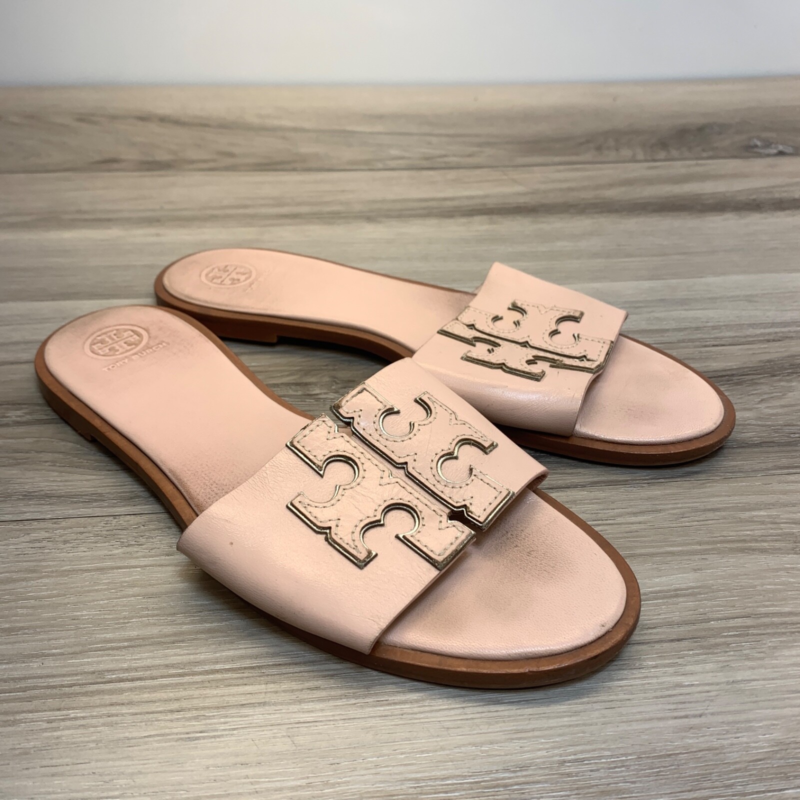Tory Burch Ines Logo Slides Flats Slip Ons Size 9.5M Light
