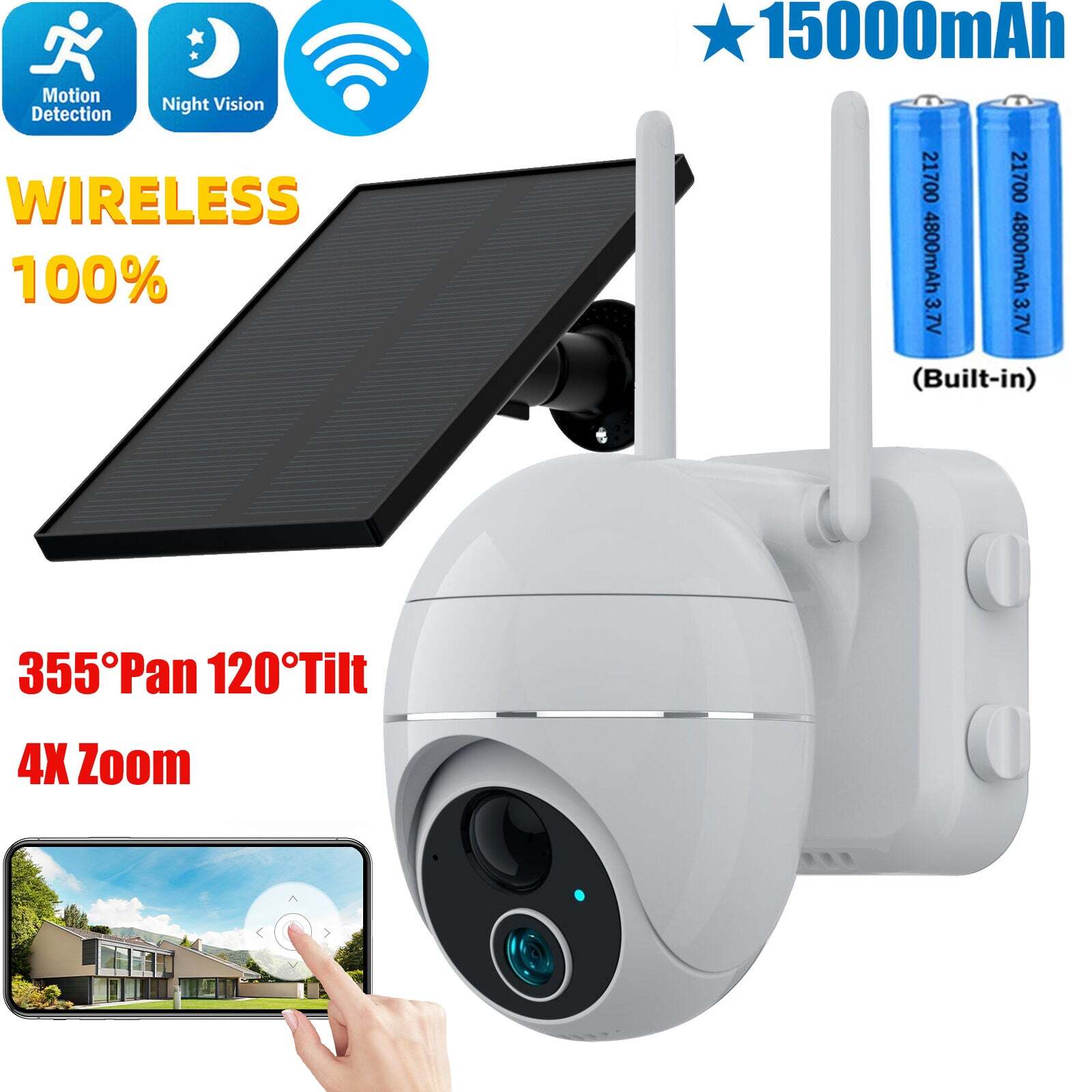Solar Battery Powered Wireless WiFi Outdoor Home Security Camera System Pan/Tilt