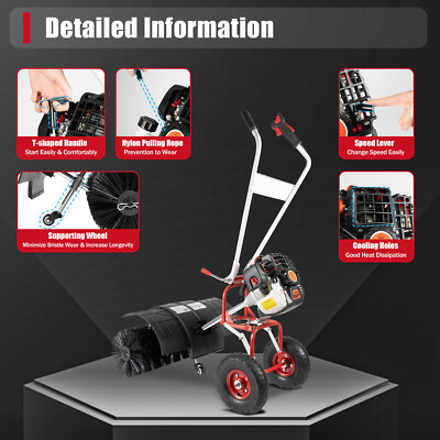 Walk Behind 52cc Power Broom Snow Driveway Sweeper Cleaner Artificial Grass USA