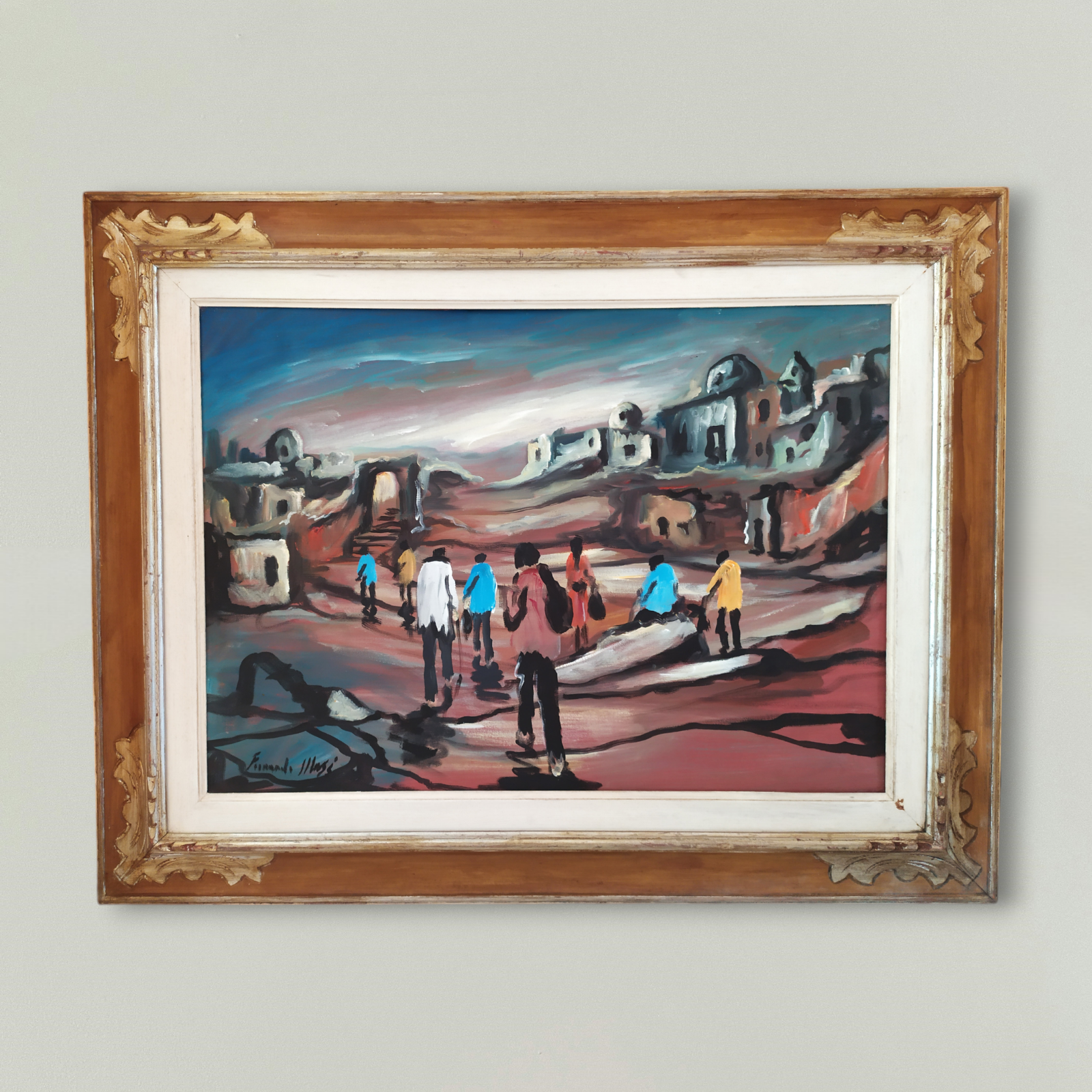 Original Italian Modern Surrealist Oil Painting Landscape with Figures signed