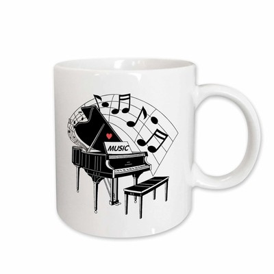 3dRose Black Piano with Dancing Notes n Love Music on It Mug