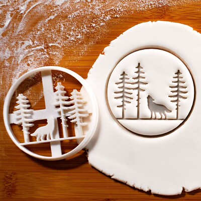 Forest Wolf Cookie Cutter - howling werewolf, woodland animal, pine trees nature