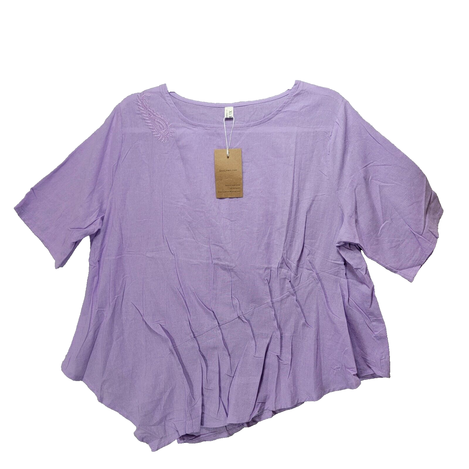 Soo Linen Top Womens XL 100% Linen Purple Lilac Embroidered