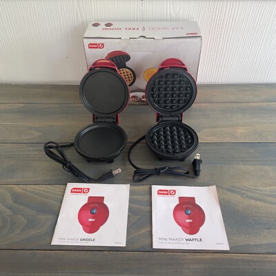 Dash Mini Maker Waffle Maker + Griddle, 2-Pack Griddle + Waffle Iron - Red (K)