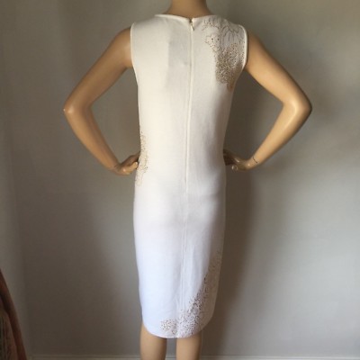 Pre-owned St John Knit Evening Dress Size 8 Bright White Gold Shimmer Santana Knit