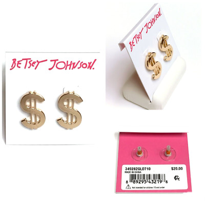 NWT Betsey Johnson HARLEM SHUFFLE Gold Tone Dollar Sign Stud Earrings-RARE!