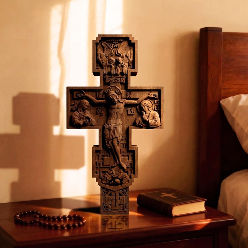 Hand Carved Cross No 3 | Wood Byzantine Greek Christian Wall Art