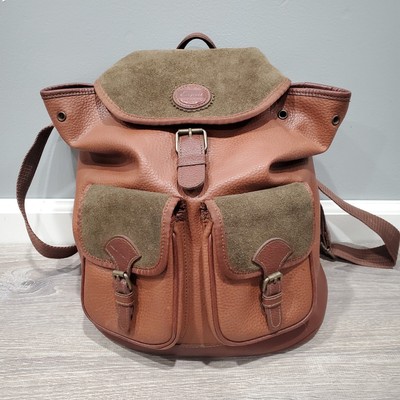 Vintage Esprit San Francisco Faux Leather Brown Backpack Green Suede Buckle Snap