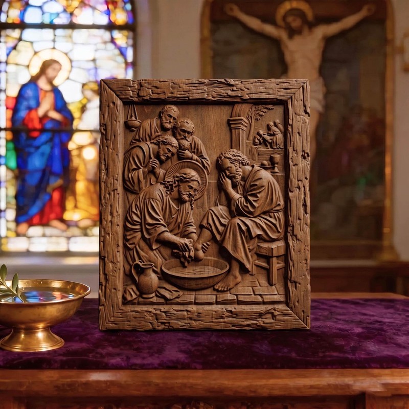 Jesus Christ Washes His Disciple’s Feet Wooden Carved Handmade Christian Icon