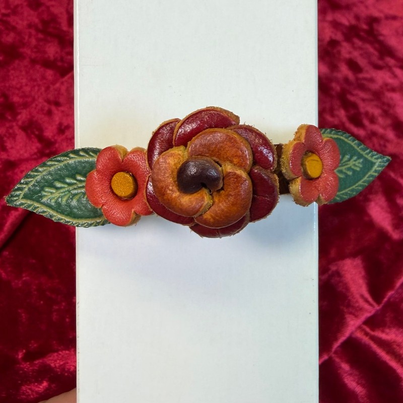 Handmade Tooled Leather Flower Bracelet Cuff Red Brown Floral Snap Jewelry NWB