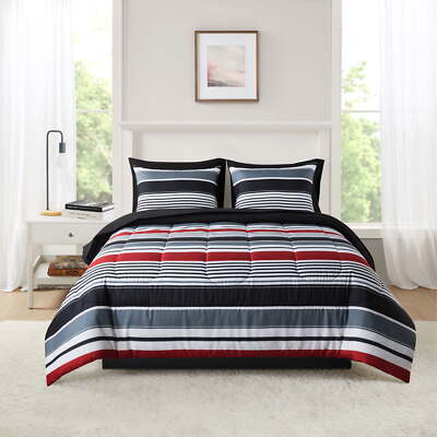 7-Piece Reversible Red Stripe Bed in a Bag Comforter Set with Sheets, Full