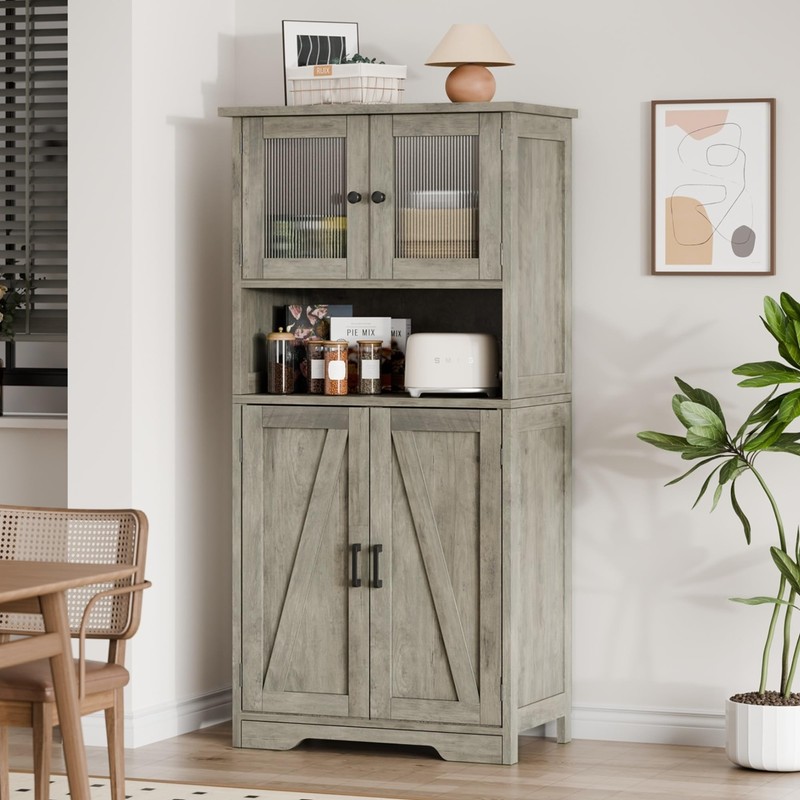 Kitchen Pantry Cabinet Modern Storage Cabinet w/Glass Doors & Adjustable