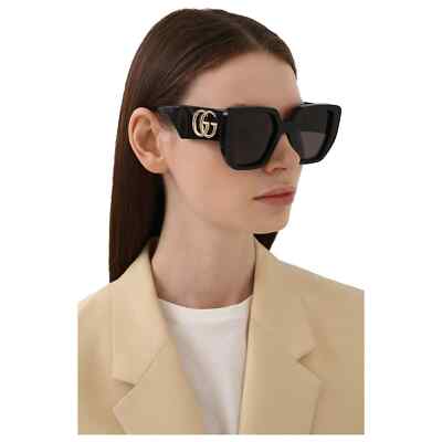 Pre-owned Gucci Sunglasses Gg0956s 003 Black Gold Grey Square Woman Authentic In Gray
