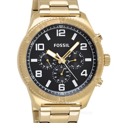 FOSSIL Brox Mens Gold Multifunction Watch Large Black Dial Stainless Steel Band