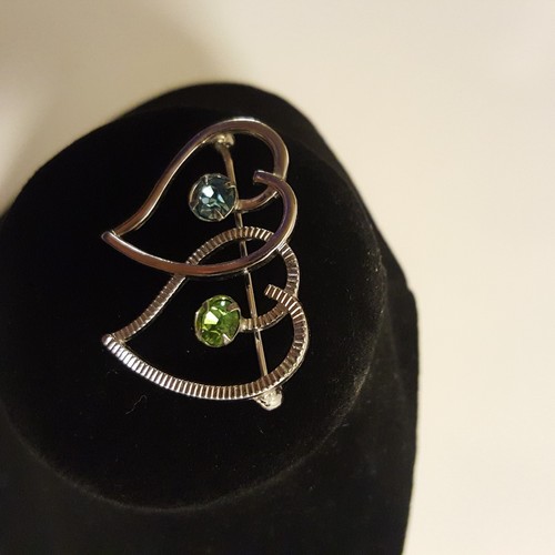 Van Dell Sterling Silver Double Heart Blue and Green Rhinestones Brooch Vintage