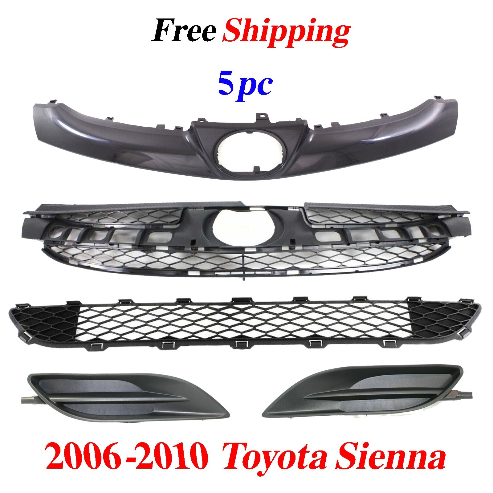 Evan-Fischer Upper Grille Trim For 2006-2010 Toyota Sienna – Painted Black With Emblem Hole-607146