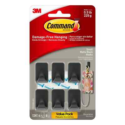 Command Small Matte Black Hooks, 6 Wall Hooks 1 Pack