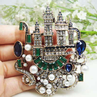 Women Vintage Blue Castle Palace Pendant Brooch Pin Crystal Rhinestone Xmas Gift