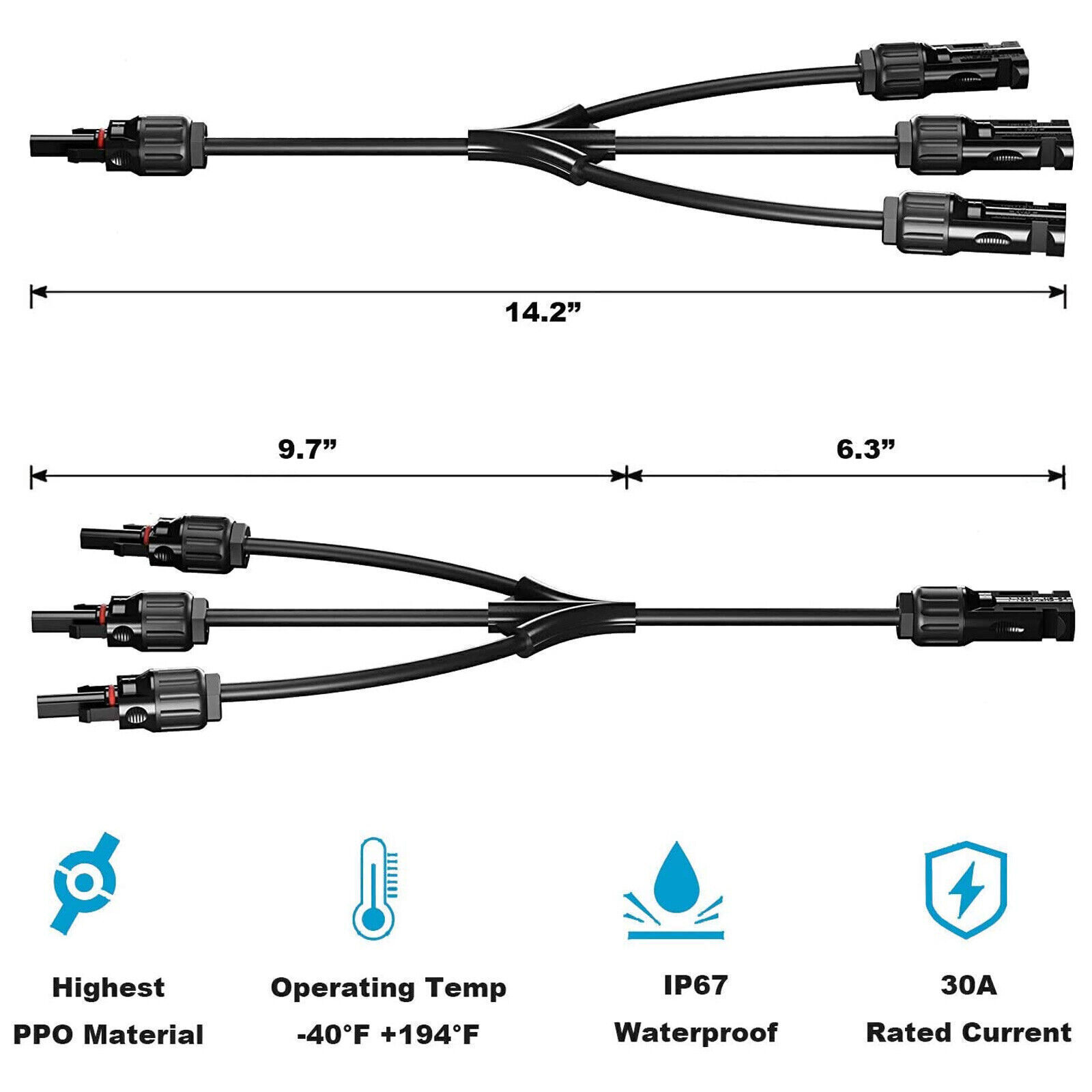 1 Pair solar panel 1 to 3 branch cable connection adapter extension cord 14 inch