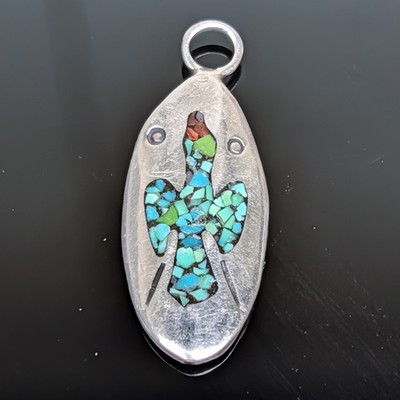 Native American Thunderbird Sterling Silver Coral Turquoise Chip Inlay Pendant