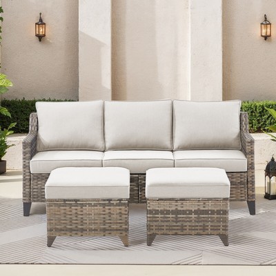 3PCS Outdoor Rattan Furniture Set Patio Couch Sofa Ottoman Set w/ Beige Cushion