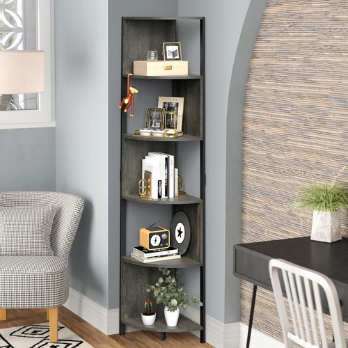 5 Tier Corner Shelf Industrial Bookcase Bookshelf Space Saving Display Rack