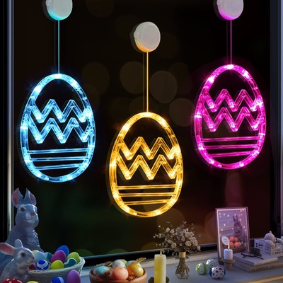 Easter Window Lights for Decorations,3 Pack Easter Eggs Shaped Blue Pink Yell...