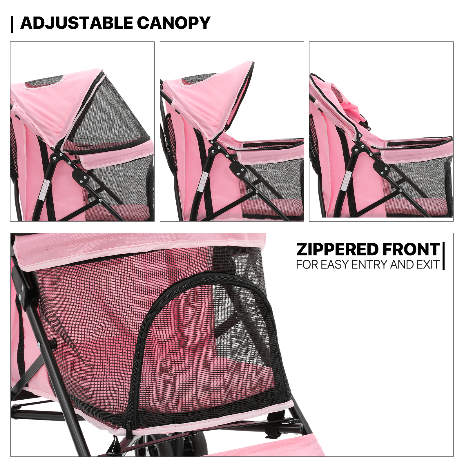 Pink Foldable Dog Stroller Adjustable Canopy Breathable Pet Travel Carrier Cart