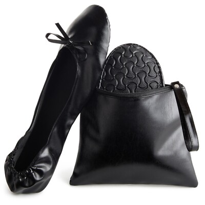 Women's Foldable Ballet Flats Roll up Shoes with Pouch, Black, L, US 8.5 - 9.5