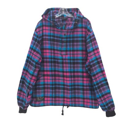 VERMONT FLANNEL CO Hooded Flannel Pullover Blue Pink Plaid Organic Cotton LARGE