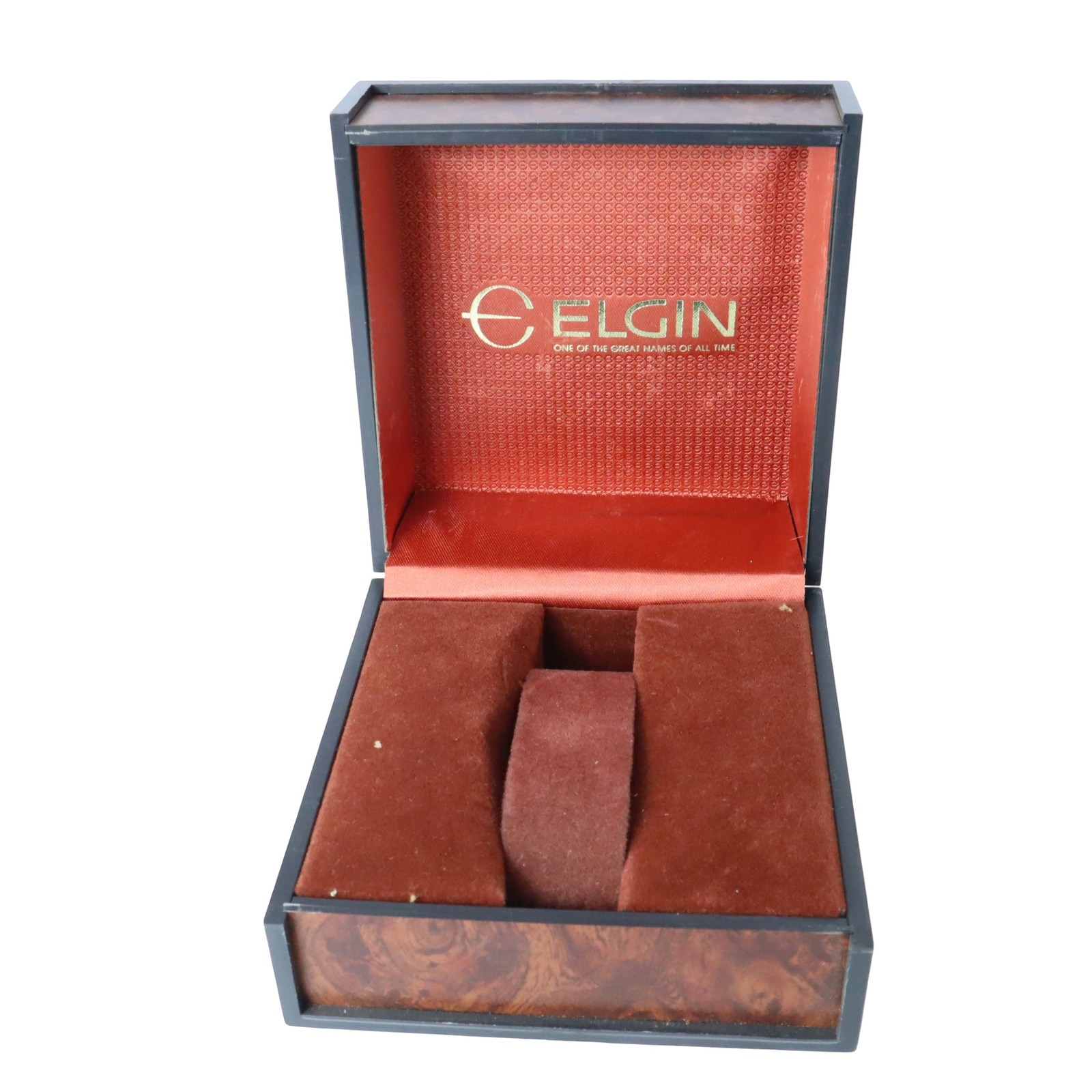 Vintage Elgin Watch Presentation Box Faux Wood Plastic Red Velvet 1950s
