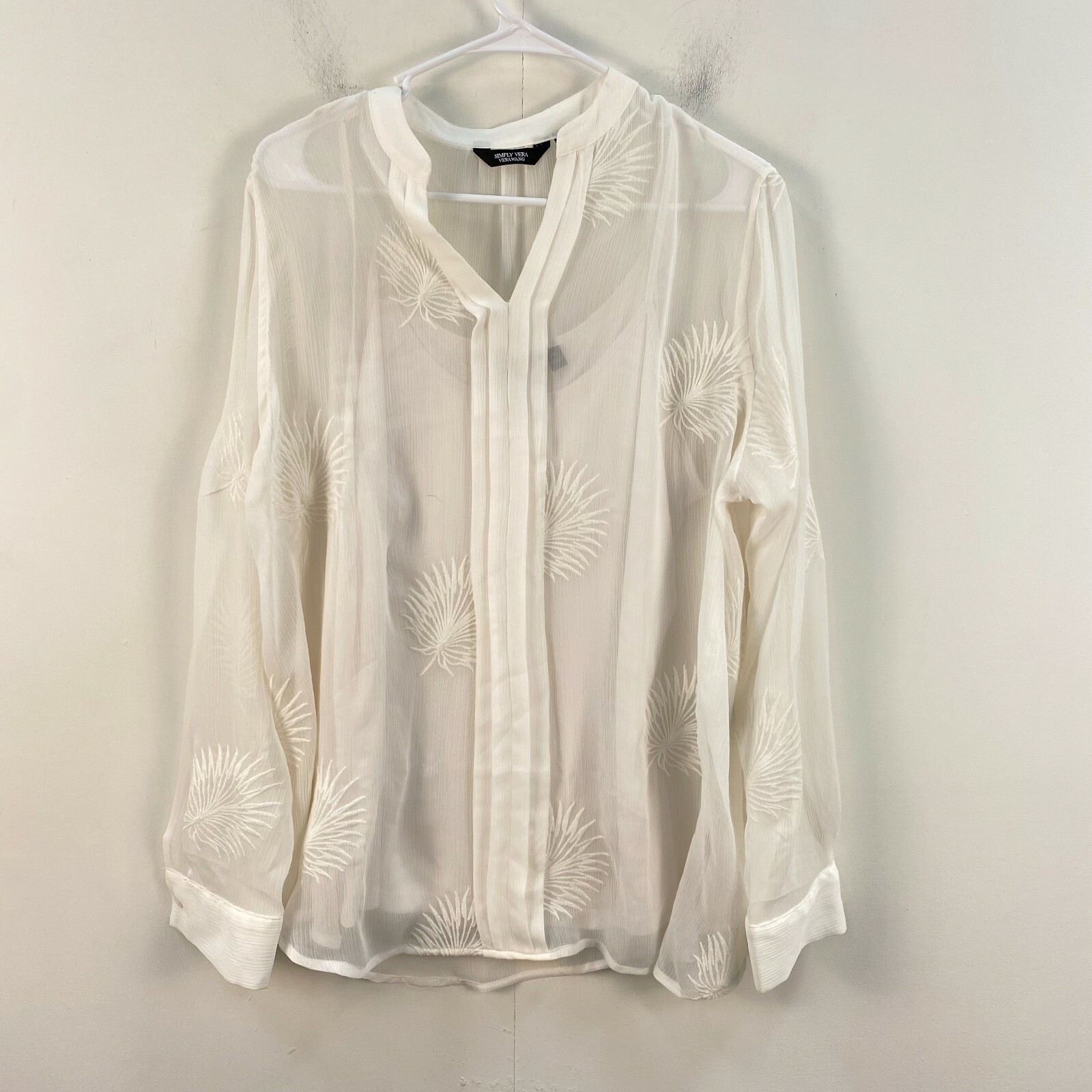 Vera Wang Blouse Shirt Top Women PXL White Sheer Long Sleeve