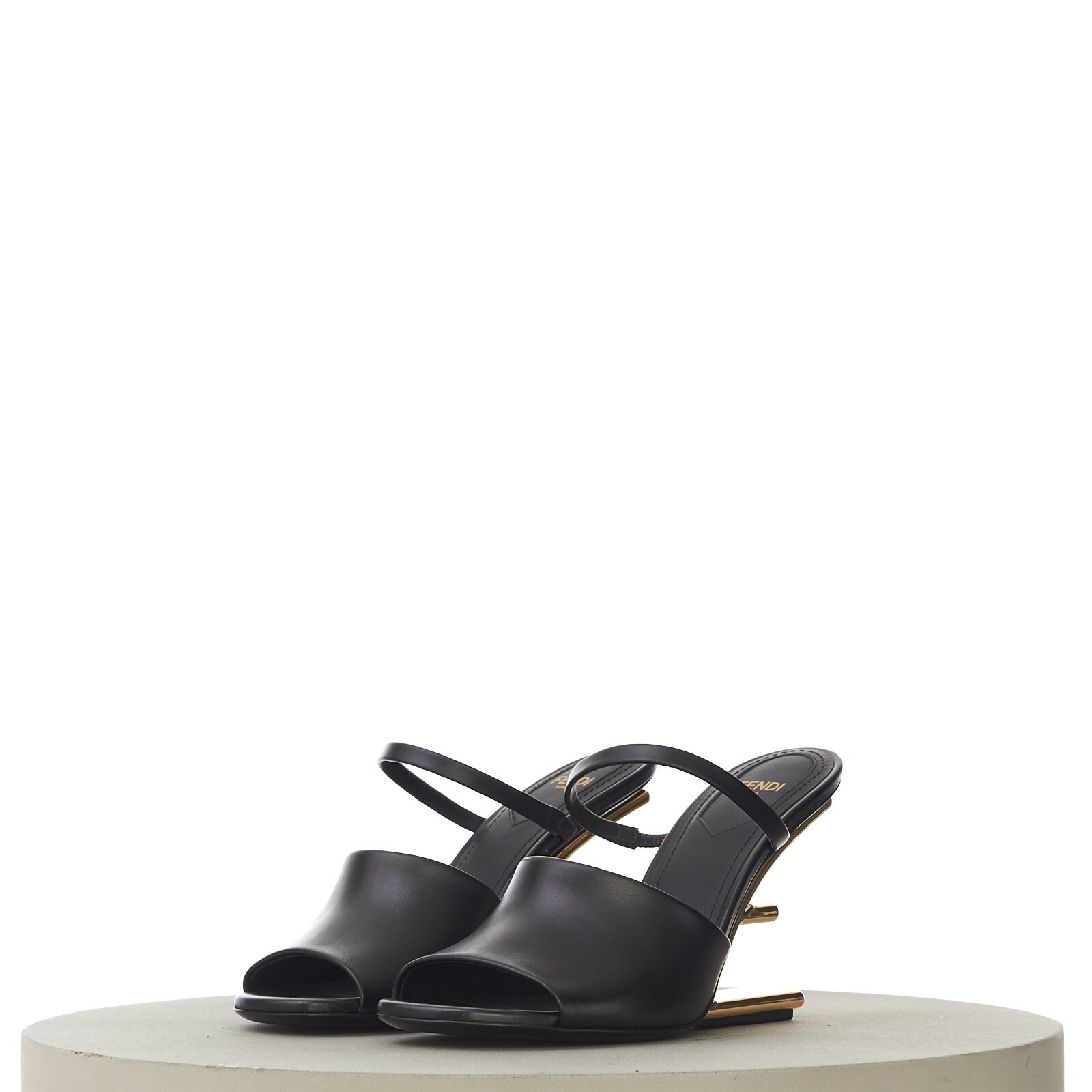Pre-owned Fendi First 1390$ Black Leather High Heel Sandal, F-shaped Gold Metal Heel