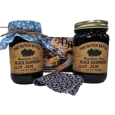 The Dutch Kettle Black Raspberry Seedless Jam 2/19 Oz Jars With Fabric Toppers