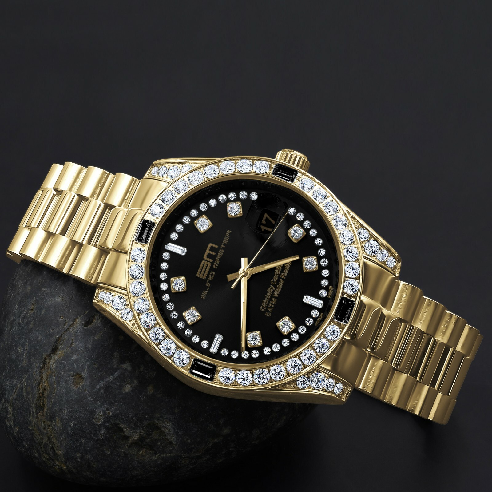 Pre-owned Bling Master Solid Steel 18k Gold Tone Black Dial Simulated Diamond Mens President Watch 40mm