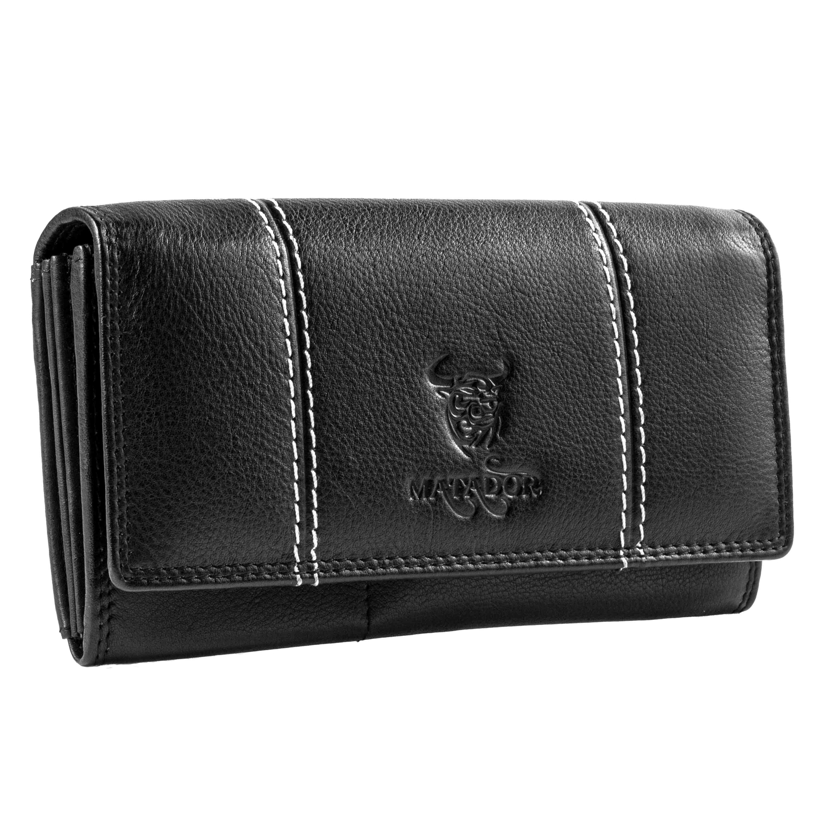MATADOR Damen Langbörse Leder Luxus Geldbörse Portemonnaie Weiße Naht Schwarz