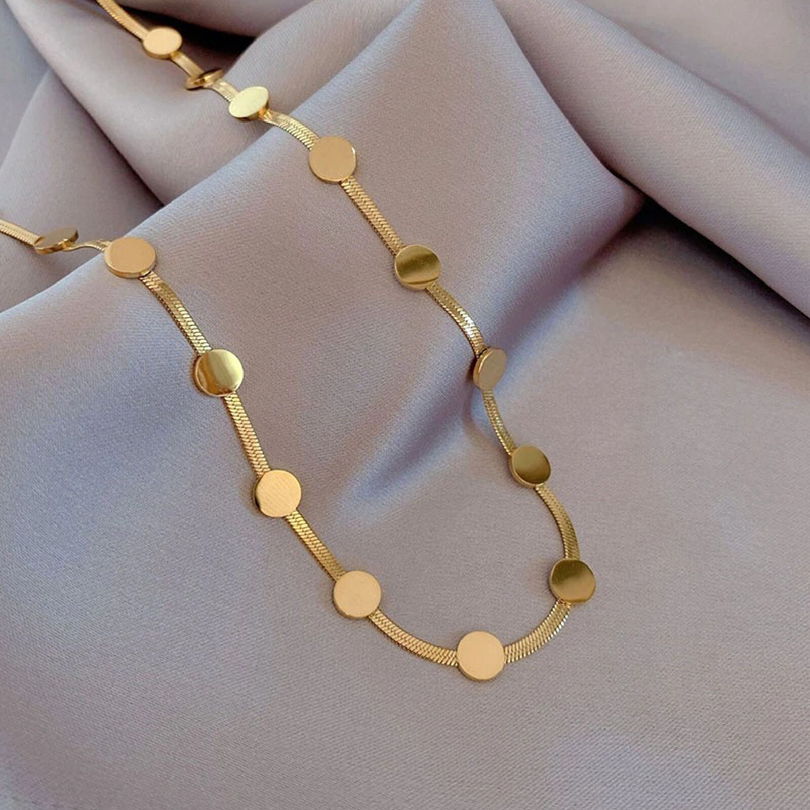 Women's 18K Gold Plated Stainless Steel Snake Chain Bracelet – Flat Disc Design, Adjustable Lobster Clasp