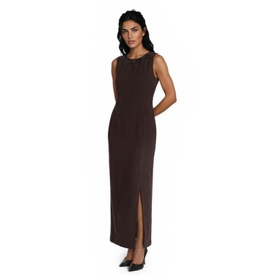 Liz Claiborne Maxi Evening Gown Dress Women's Size 12 Brown Beaded Scarf Tie