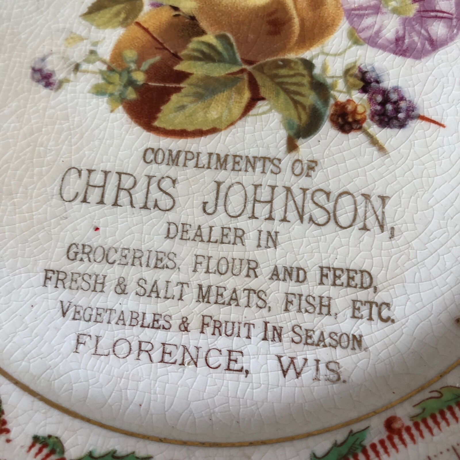 Antique Wisconsin Calendar Plate 1909 Florence WI Johnson Grocery Christmas
