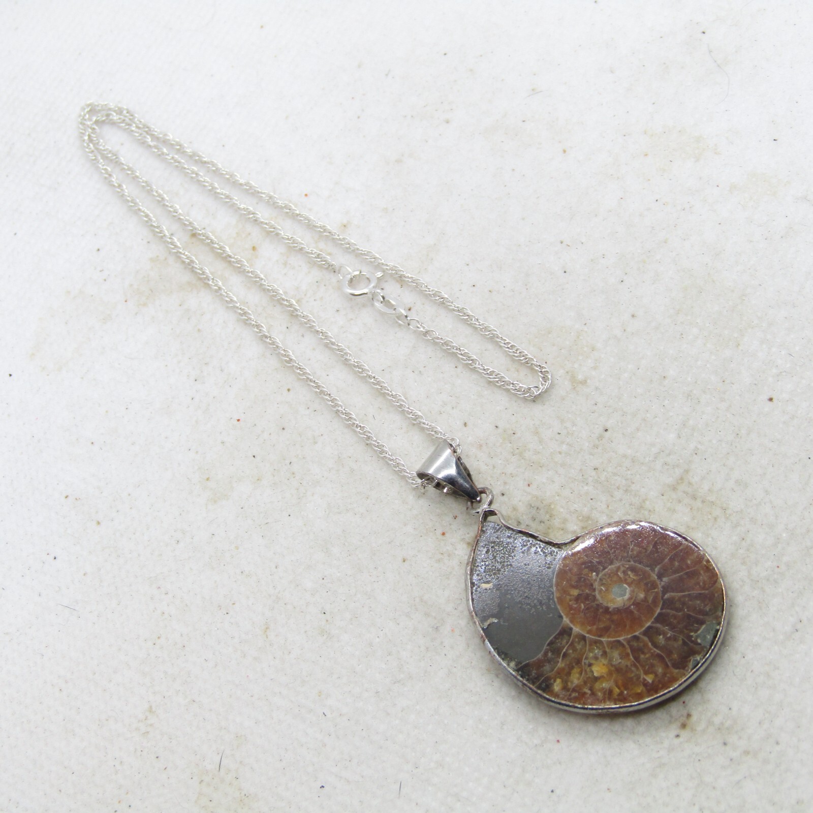 Sterling Silver 925 Fossilized Opalized Snail Necklace 16