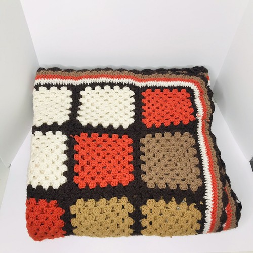 Vintage Crochet Granny Square Multicolored Bed Blanket Handmade 90