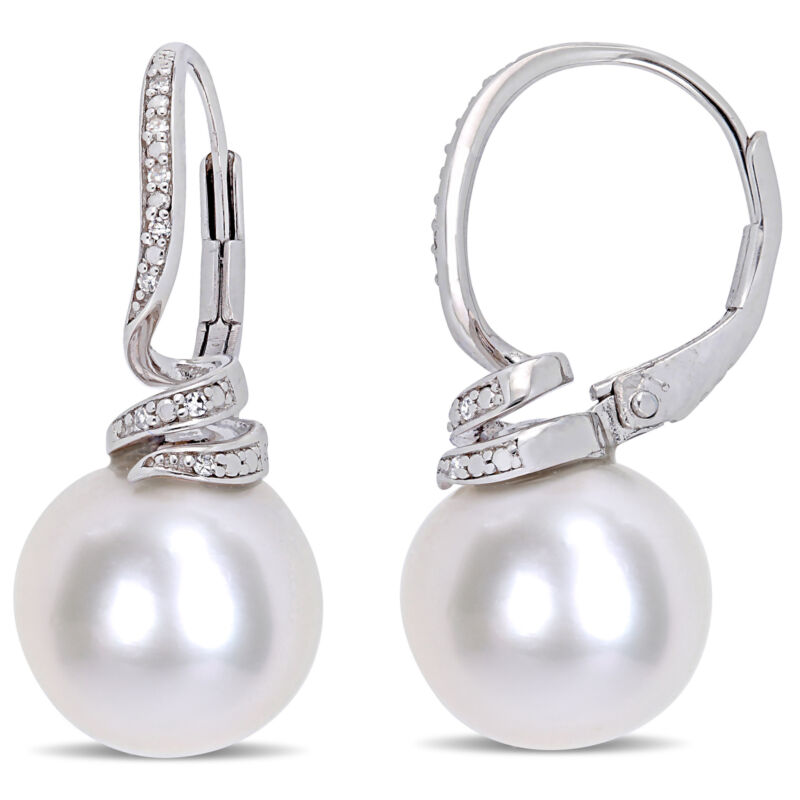 Amour Sterling Silver Cultured Freshwater Pearl Diamond Leverback Earrings