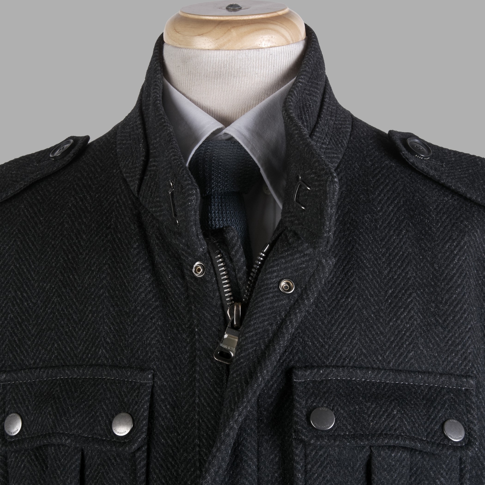 HUGO BOSS Coat Mens Medium 42R Charcoal Wool-Cashmere Military Colbar Jacket