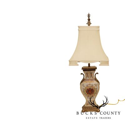 Table lamp from about 150 years old table leg gold border handmade, Fabric lampshade with blue Brass metal mount with E27 socket